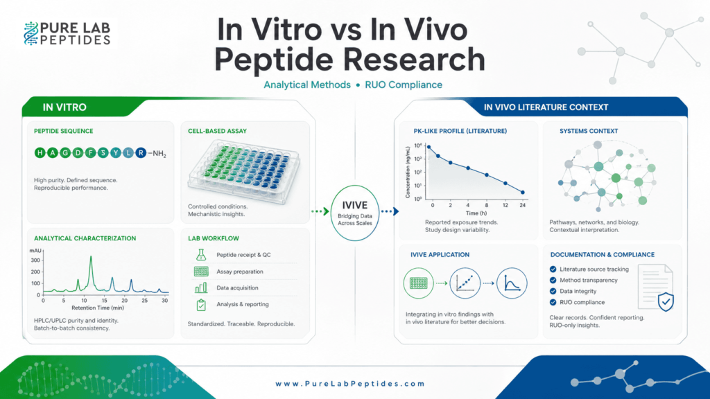 In vitro vs in vivo peptide research infographic for laboratory research context